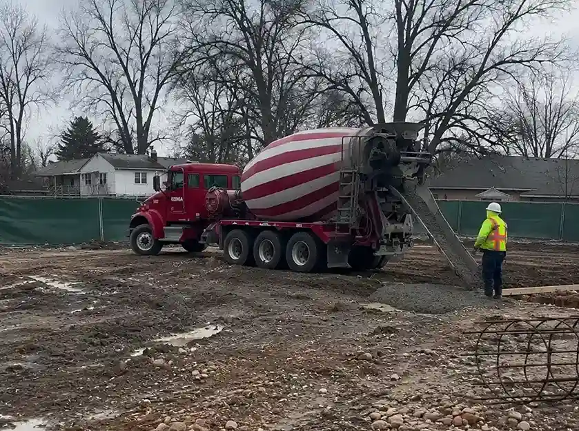 Construction worker pouring concrete at the mosque site